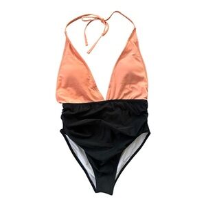 Cupshe Color Block One Piece Swimsuit Pink Black Small Halter Glam Trendy